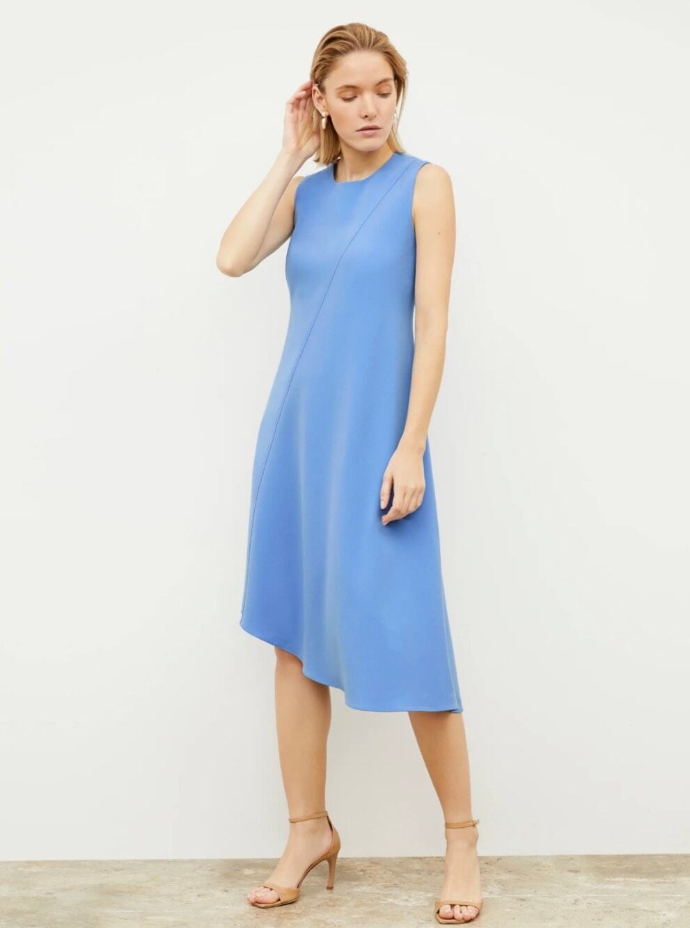 MM Lafleur Lara Crepe Midi Dress Women's 4 Asymmetrical Hem Blue Career Office